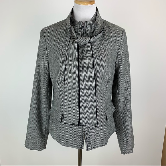 Banana Republic Wool Herringbone Tie Neck Zip Front Blazer Sz 12 - Picture 4 of 13